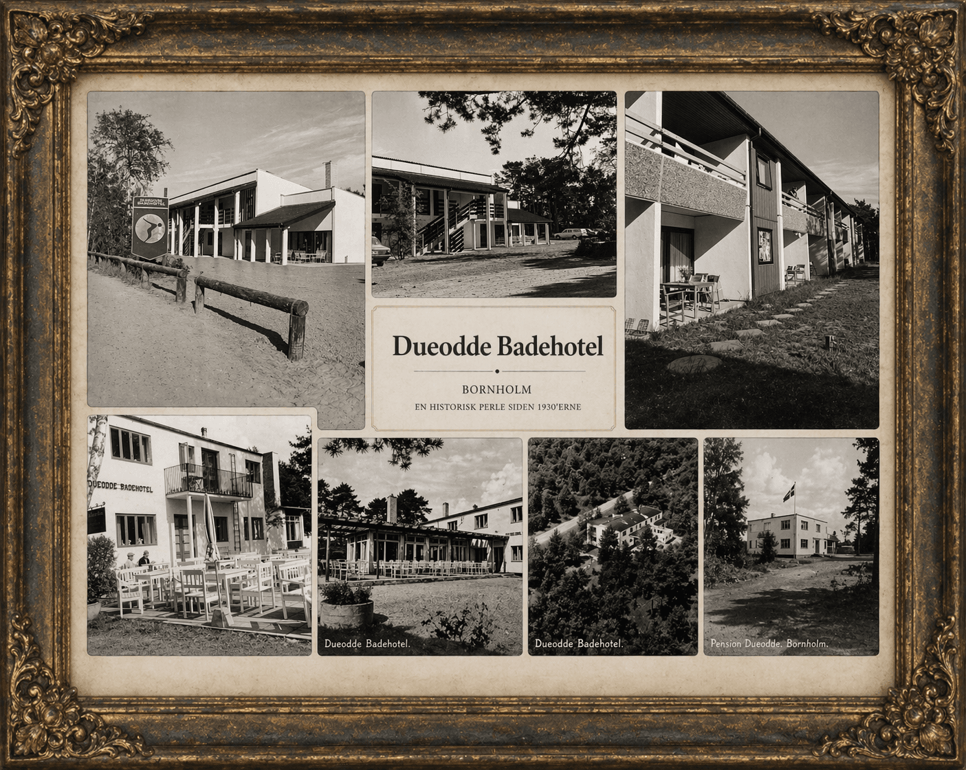 Historisk collage af Dueodde Badehotel på Bornholm